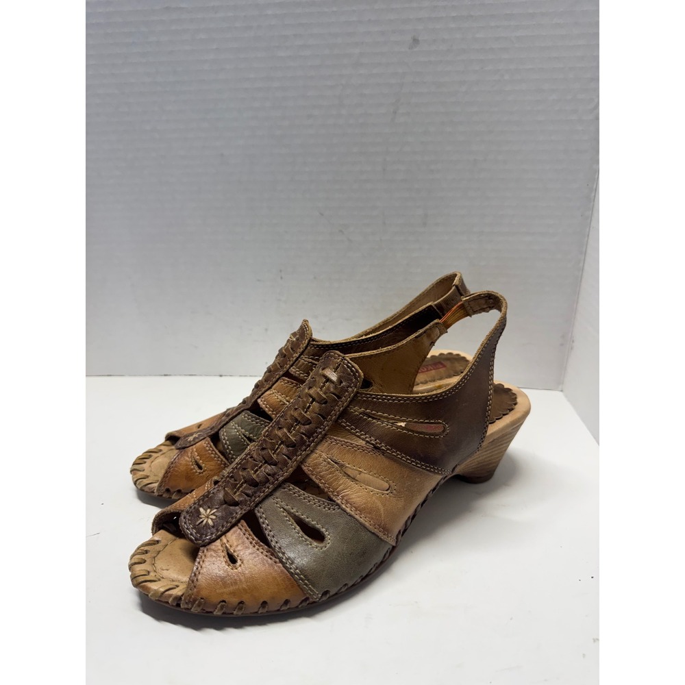 Pikolinos Leather Wedge Sandals Brown Multi Whipstitch Slingback Peep Toe 38 7.5